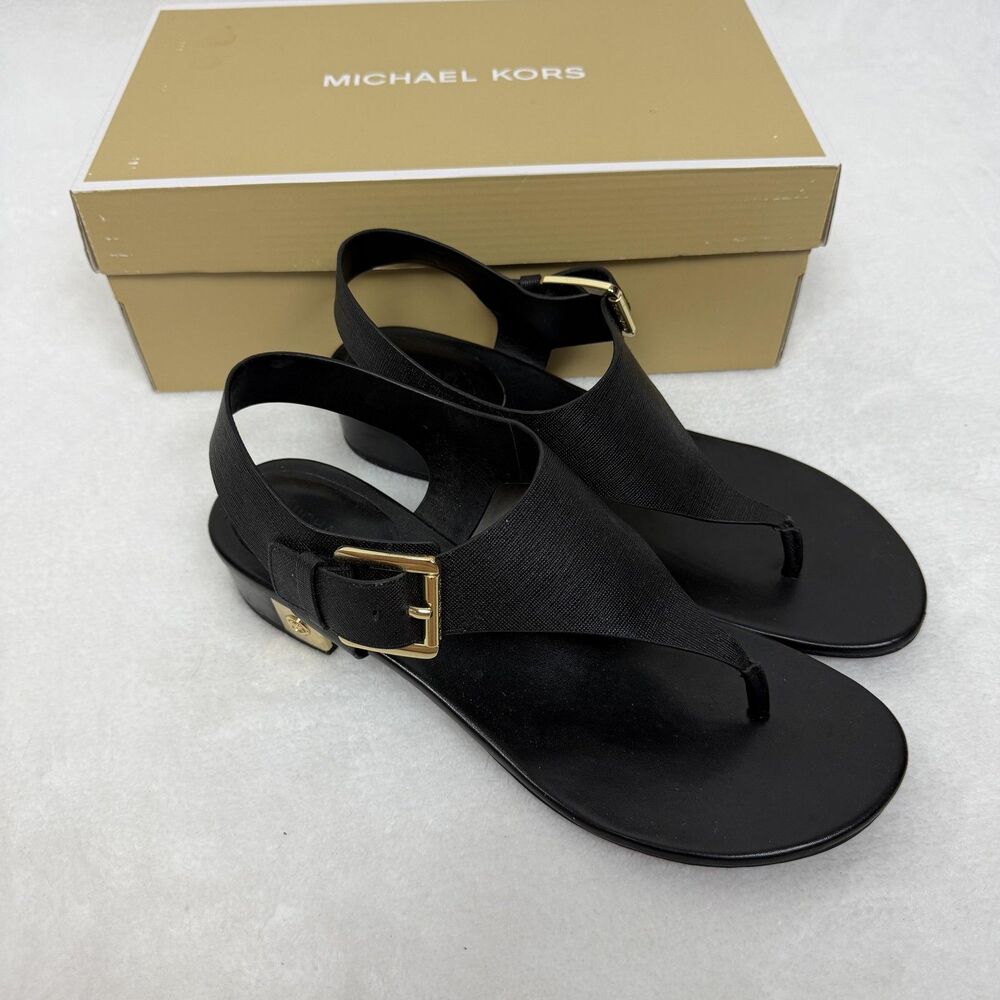 Michael Kors Shoes Womens Size 10 Black London Thong Sandals Gold Logo Buckle